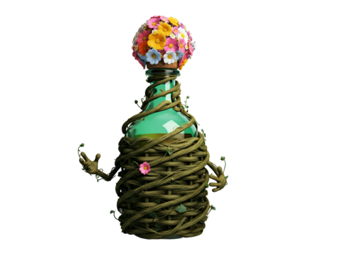 A whimsical bottle sculpture adorned with woven vines, flowers, and a colorful floral top.