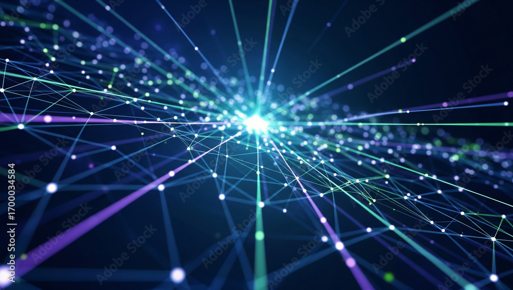 Wall mural abstract digital network background with glowing light connections and data streams, representing mo