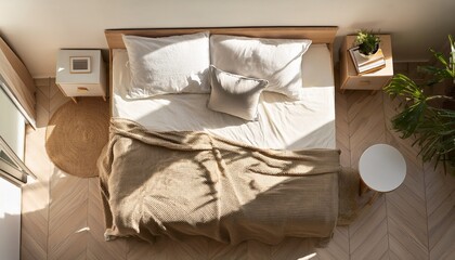overhead view of cozy bed in bright room with sunlight