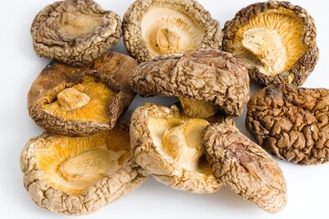 Neatly displayed dried shiitake mushrooms on a pristine white surface, emphasizing their deep, umami-rich colors.