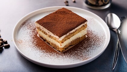 creamy tiramisu slice resting on white plate dusted with cocoa powder layered with rich coffee soaked sponge cake and mascarpone cream
