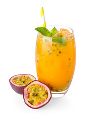 Tasty passion fruit drink with mint in glass and fresh fruit isolated on white