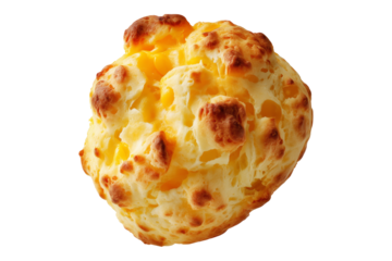Small cheesy bread ball with golden crust and holes, isolated on white transparent background, concept of Brazil Pao de Queijo food