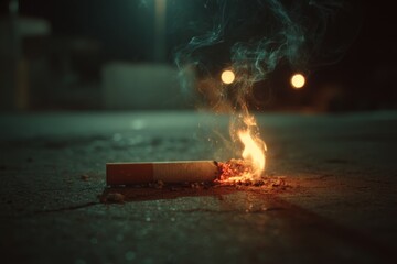 A burning cigarette lies on the ground, emitting smoke and sparks in an urban setting at night, with distant lights illuminating the area Generative AI