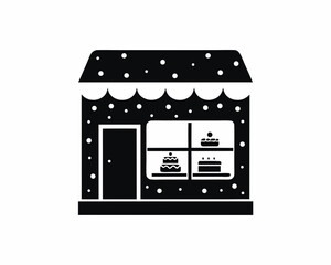Cozy bakery shop in snowy street,  cakes and cookies, silhouette vector illustration 