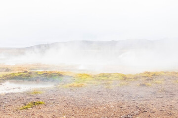 Geothermal steam landscape in Haukadalur, Iceland.