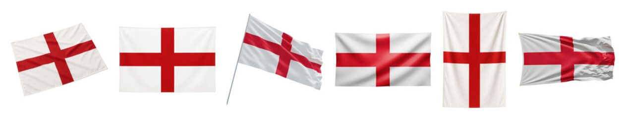 Obraz premium England flag set including waving, hanging, and tilted displays isolated. National symbols and patriotism collection.