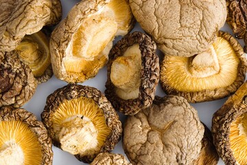 Dried shiitake mushrooms on a white background, showcasing detailed textures and a natural, savory palette.