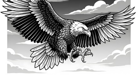Black and White Eagle Illustration with Outstretched Wings Flying in Sky for Artistic or Tattoo Design