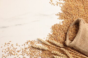 Wheat grains, spikes and burlap sack on white marble table, flat lay. Space for text