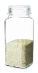 Dried basil powder in glass jar isolated on white. Aromatic spice