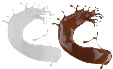 Milk and chocolate splash. Milkshake and melted brown choco isolated on white background. 3d render