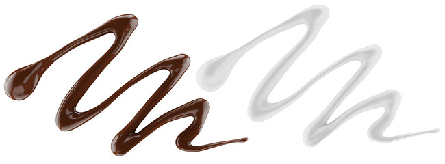 Milk and chocolate splash. Milkshake and melted brown choco isolated on white background. 3d render