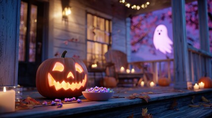 Background with halloween pumpkins, candles and autumn leaves on the wooden house porch porch, autumn, jack-o-lantern, pumpkin, halloween, house