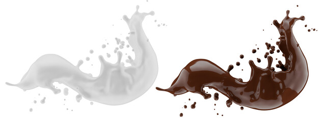 Milk and chocolate splash. Milkshake and melted brown choco isolated on white background. 3d render