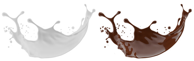 Milk and chocolate splash. Milkshake and melted brown choco isolated on white background. 3d render