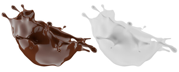 Milk and chocolate splash. Milkshake and melted brown choco isolated on white background. 3d render