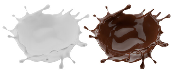 Milk and chocolate splash. Milkshake and melted brown choco isolated on white background. 3d render