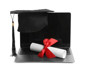 Graduation cap, laptop and diploma isolated on white