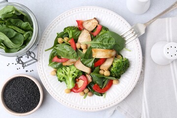 Tasty salad with eryngium mushrooms served on light table, flat lay