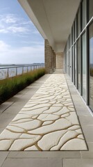 Elegant pathway with textured rug alongside modern building and serene waterfront view during daytime