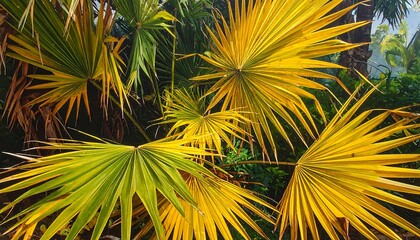 Vibrant yellow and green palm fronds create a lush, tropical scene.