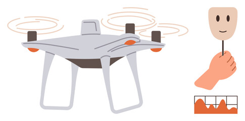 quadcopter hovering with spinning propellers, hand holding a happy face mask, data analysis graph. Ideal for technology, robotics, emotion tracking, surveys, AI, automation themes and simple flat