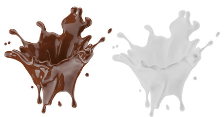 Milk and chocolate splash. Milkshake and melted brown choco isolated on white background. 3d render