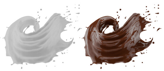 Milk and chocolate splash. Milkshake and melted brown choco isolated on white background. 3d render