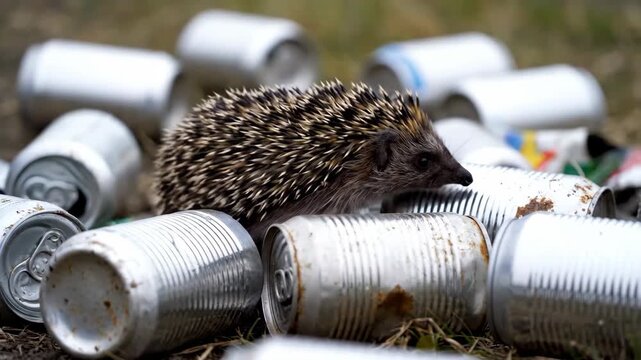 Hedgehog Surrounded by Aluminum Cans Struggles Through Garbage in Daylight at Nearby Forest
