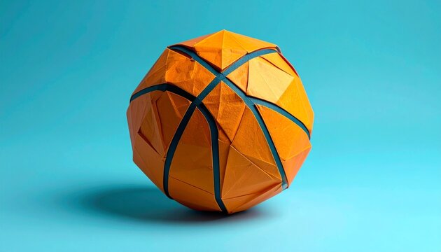An orange origami basketball sits on a bright blue background. This papercraft sports ball is a creative and artistic object.