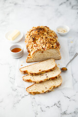 Sweet almond bread with honey and butter