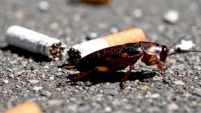 Cockroach Crawls on Pavement Near Discarded Cigarette Butts on a Sunny Day in an Urban Setting