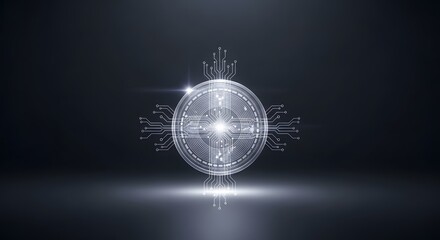 Glowing futuristic circular emblem, intricate digital design, network connections, dark background.