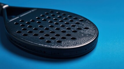 Closeup of black carbon padel racket on blue background