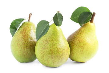 Fresh ripe pears with green leaves isolated on white