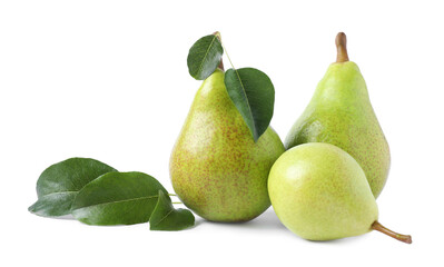 Fresh ripe pears with green leaves isolated on white
