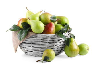 Fresh ripe pears with green leaves in wicker basket isolated on white