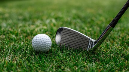 Close-up of a golf ball resting on green grass with a golf club poised to strike, outdoor golf course scene during daylight, sports and recreation concept