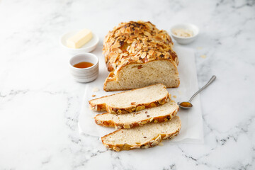 Sweet almond bread with honey and butter