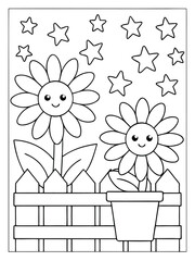 Two happy cartoon flowers behind a fence with stars above Keywords: flower, happy, cartoon, smiling, daisy, garden, fence, stars, sky, nature