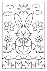 Whimsical cartoon bunny with multiple flowers, sun, and clouds in a grassy field Keywords: bunny, rabbit, cartoon, drawing, outline, coloring page