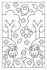 Whimsical cartoon forest scene with monkeys, bird, trees, and flowers for coloring page outline