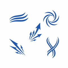 Fototapeta premium Blue abstract arrow and wave icons set, dynamic motion symbols on white