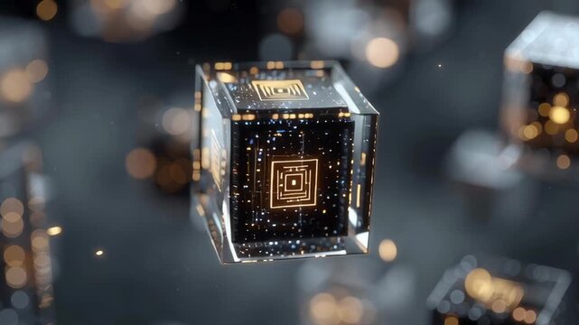 A series of cubes with a gold and black design on them. The cubes are floating in the air and appear to be made of glass. The design on the cubes suggests a futuristic or high-tech theme