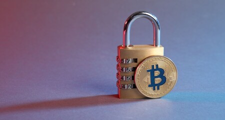 Bitcoin and padlock on color background, closeup. Space for text