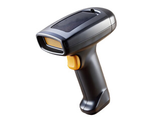 Black handheld scanner with yellow trigger and orange window isolated on a transparent background image