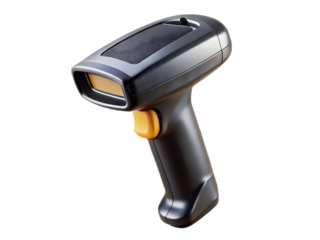 Black handheld scanner with yellow trigger and orange window isolated on a transparent background image