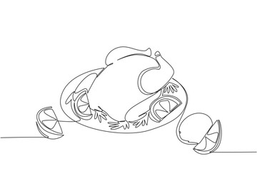 A continuous line drawing food concept for National Rotisserie Chicken Day, depicting a roasted chicken on a serving plate with lemon slices, representing festive meals and culinary enjoyment.
