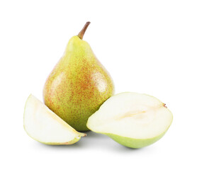 Whole and cut ripe pears isolated on white